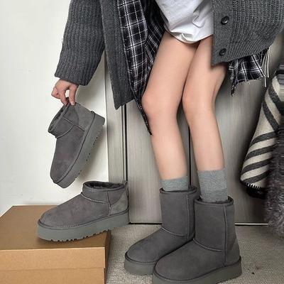 Yueyu серые универсальные с толстой подошвой зимние ботинки женские из овчины и меха цельные 2025 зимние бархатные утолщенные короткие сапоги снежные хлопковые