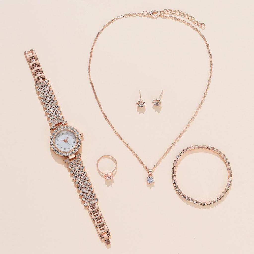 Popular Accessory Set Women's Alloy Quartz Watch Necklace Ring Combination WristWatch Luxurious 6PCS Set Fashionable Earrings Bracelet