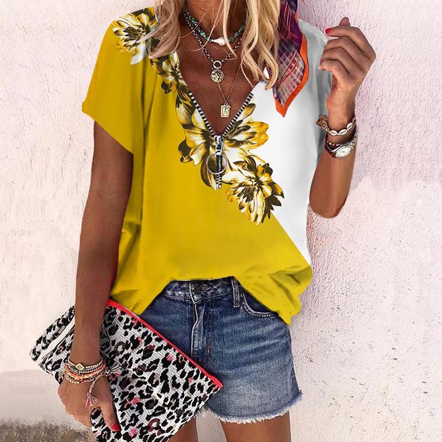 Женский топ, летний новый модный топ с розами и красивым цветочным принтом, повседневный топ на молнии с v-образным вырезом и короткими рукавами