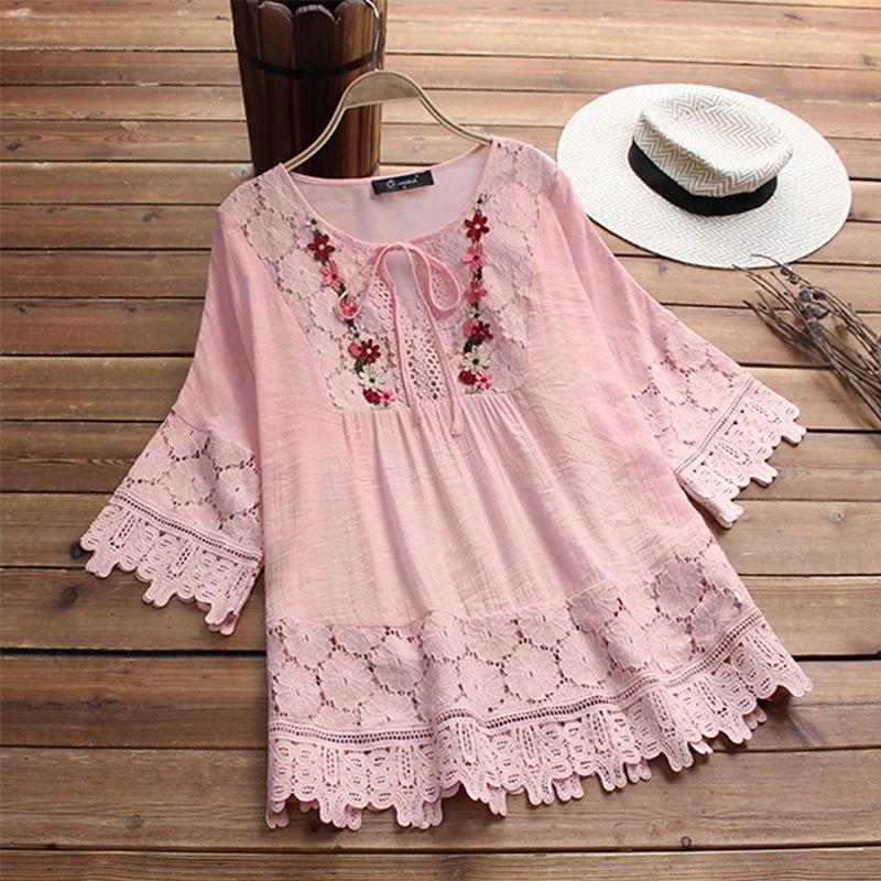 Summer Women's Lace T-shirt Floral Mini Dress Cotton Five-point Sleeve V-neck Loose Casual Bohemian Style T-shirt Top