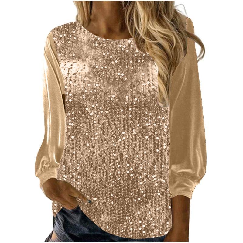 Women S Casual Crew Neck Long Sleeve Pullover Loose Sequin Top