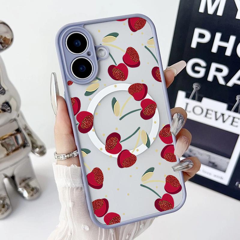 Cherry Pattern Magnetic Shockproof Phone Case for iPhone 16 15 14 Plus 13 12 Pro Max 11 Acrylic Hard Clear Plain Color Soft Edges Lens Protection Case