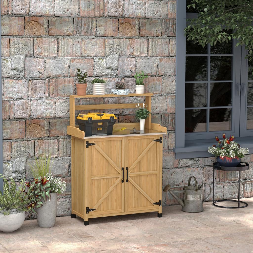 Potting Table Gardening Table with Cupboard and Shelves and Top Non-Slip Pads in Fir Wood Yellow