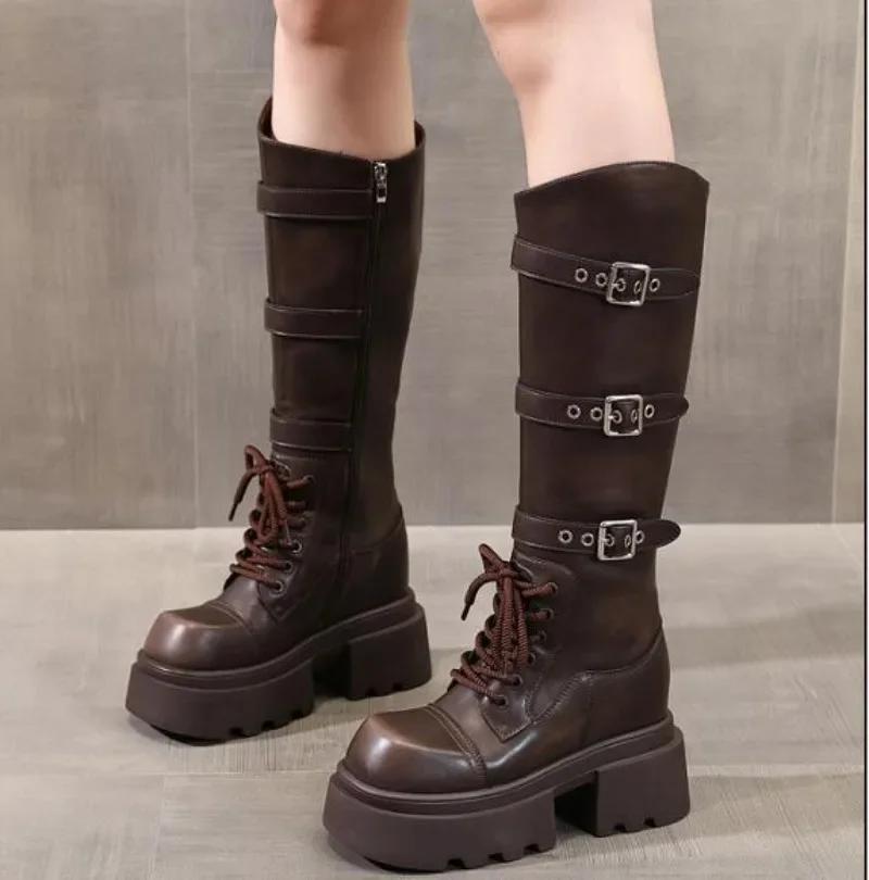 9,5 см модные женские ботинки из микрофибры синтетические кожаные ботинки осенние на платформе танкетка колено модные британские ботильоны весенние туфли