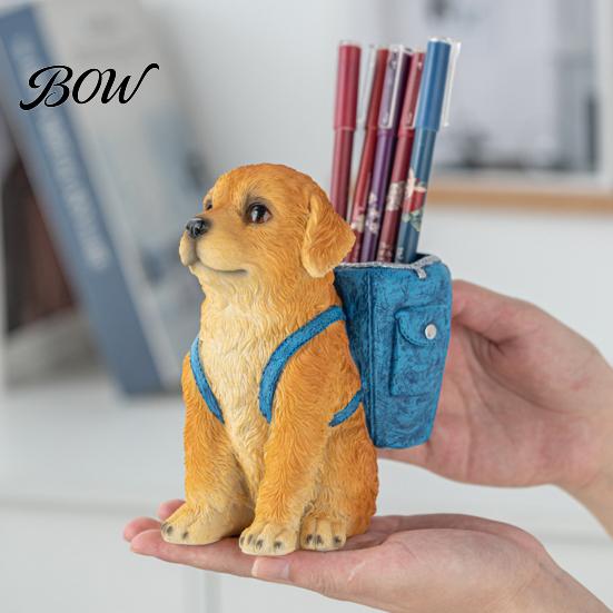 Creative Desktop Art Ornament Golden Puppy Backpack Pen Holder, Cute Animal Stationery Storage Unique Desk Solution Ornament, Resin Organizer,