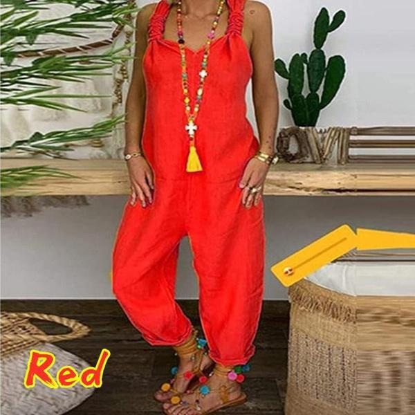 Women Casual Loose One-piece Suspender Pants Summer Solid Color Sleeveless Baggy Rompers Classic Long Overalls Jumpsuits