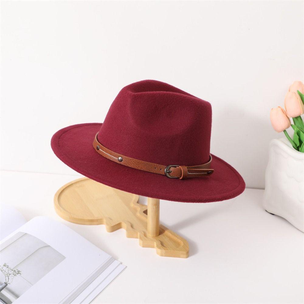Wide Brim Felt Fedora Hats With Belt Buckle Cowboy Cap Fashion Panama Cap  Men Women