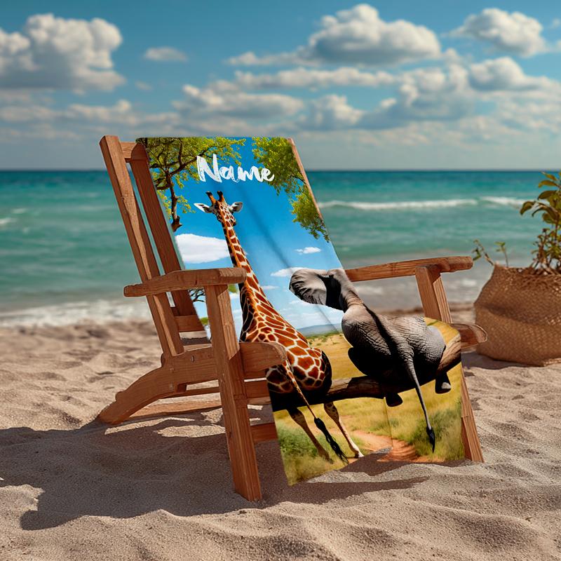 Custom Name Ultra-Soft Beach Towel with Elephant giraffe Theme,Ideal for Pool - Camping, Diving - Perfect Travel Essential, Vibrant Beach Towel.
