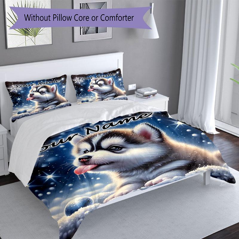 3PC Custom Name Winter Husky Dreams Bedding Set Printed Bedding Set Duvet Cover Closure Includes 1 Duvet Cover & 2 Pillowcases for All Seasons Bedroom