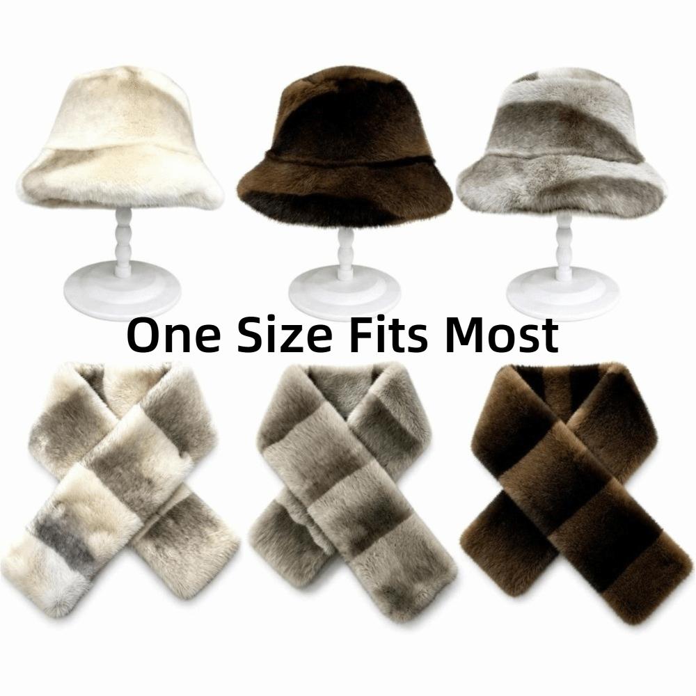 Double-Sided Faux Fur Hat Scarf Set Windproof Plush Hat Scarf Soft Bucket Hat Scarf For Women