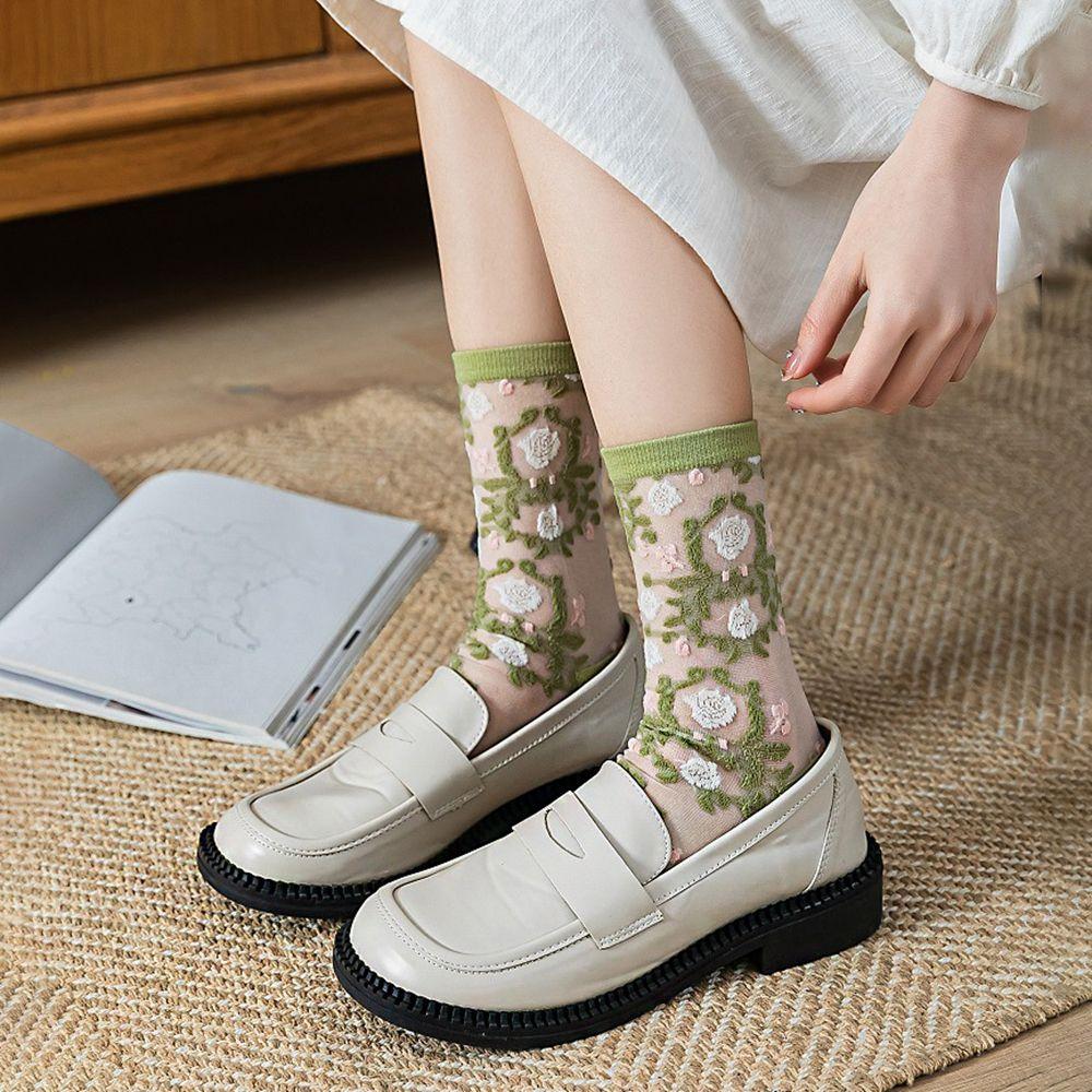 Ultra-thin Transparent Korean Summer Crystal Silk Socks Mesh Middle Tube Socks Women's Socks Floral Hosiery Flower Socks