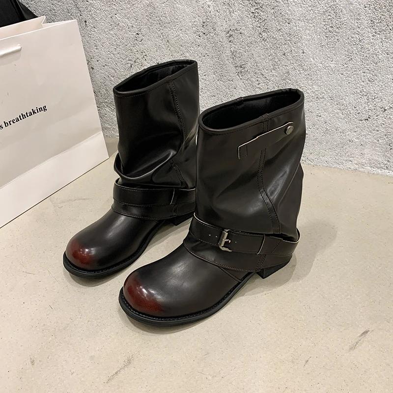 Осень Зима Толстый Каблук Женские Ботинки Вестерн Ковбойские Модные Пряжка на Ремне Слипоны Женские Винтажные Плиссированные Короткие Ботильоны
