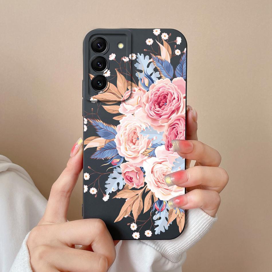 Case For Samsung S22 Ultra Plus Floral Liquid Silicone Camera Protection Back Cover For Galaxy S 22 S22Ultra S22+ Coque Bumper