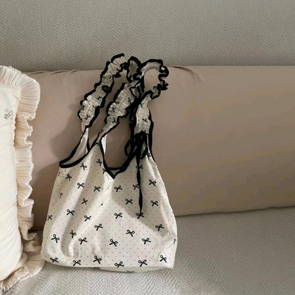 Large Capacity Ruffle Lace Canvas Bag Polka Dot Plaid Shoulder Bag Bow Shoulder Bag  Shopping