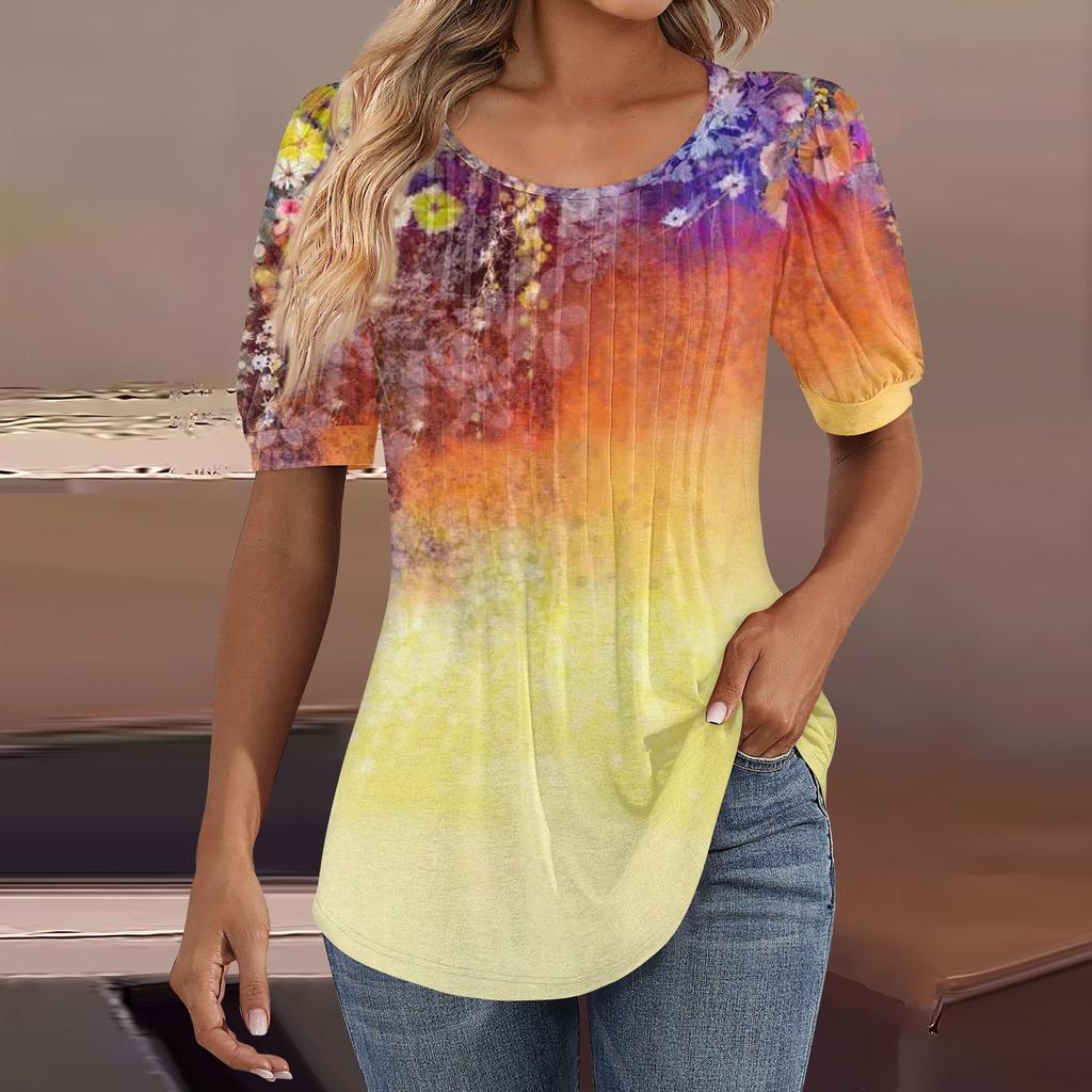 Женские пышные туники с короткими рукавами, топы, плиссированные блузки с воротником, повседневные свободные весенне-летние футболки