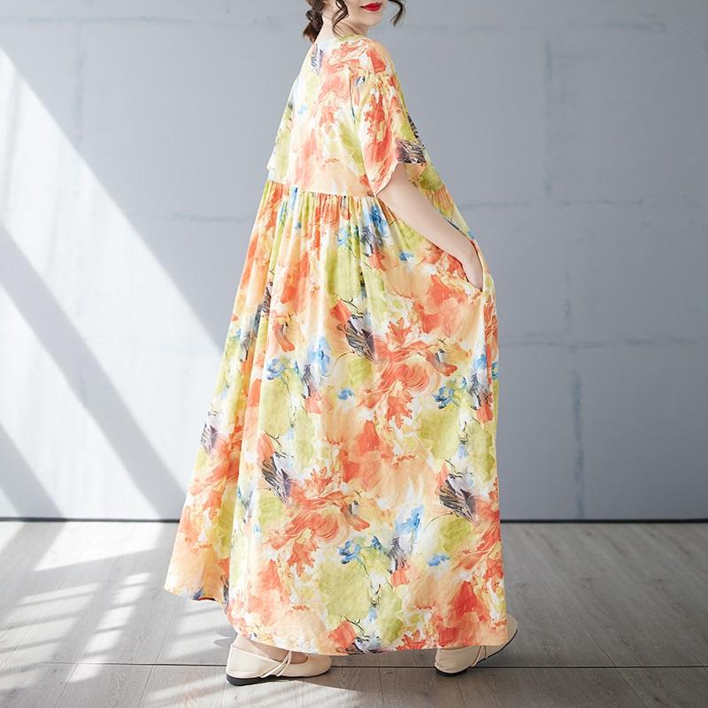 Новое хлопковое платье больших размеров с коротким рукавом и цветочным принтом для женщин, повседневное свободное длинное летнее платье