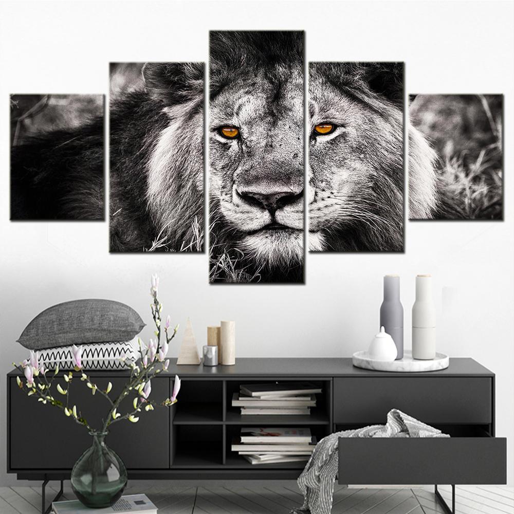 Black and White Lion with Orange Eyes Wall Art Canvas Set Printed Paintings on Canvas Modular Living Room Decoration Home Decor