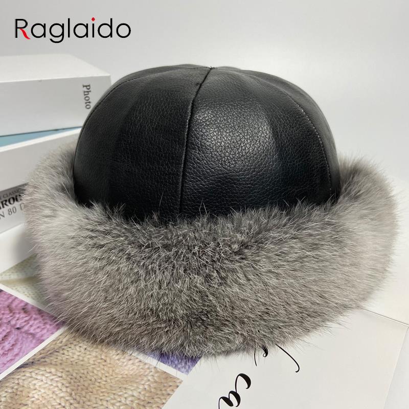 Bunny Hat Women Winter Fluffy Warm Rabbit Fur Beanie Hat Men Women Leather Caps   Fur Outdoor Snow Hat