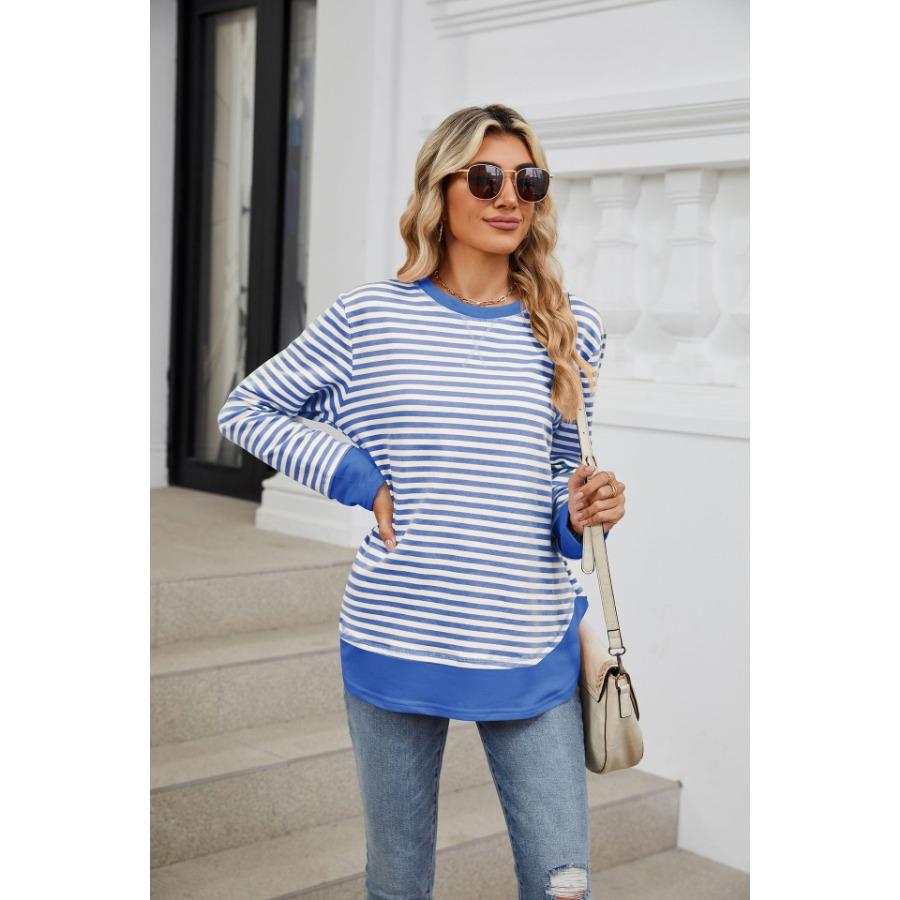 Осень-зима полосатые пуловеры модные женские контрастные круглые вырезы свободные длинные рукава толстовка с капюшоном топ для женщин