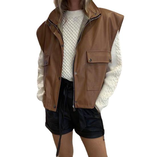 High Quality Side Drawstring Cool Stylish Women Fashion Faux Leather Motorcycle Vest For Dialy Wear Jacket