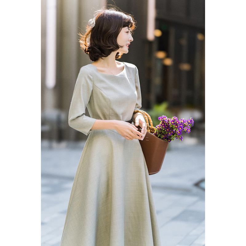 Весенне-осеннее женское платье с длинным рукавом и круглым вырезом в винтажном стиле с воздушным низом