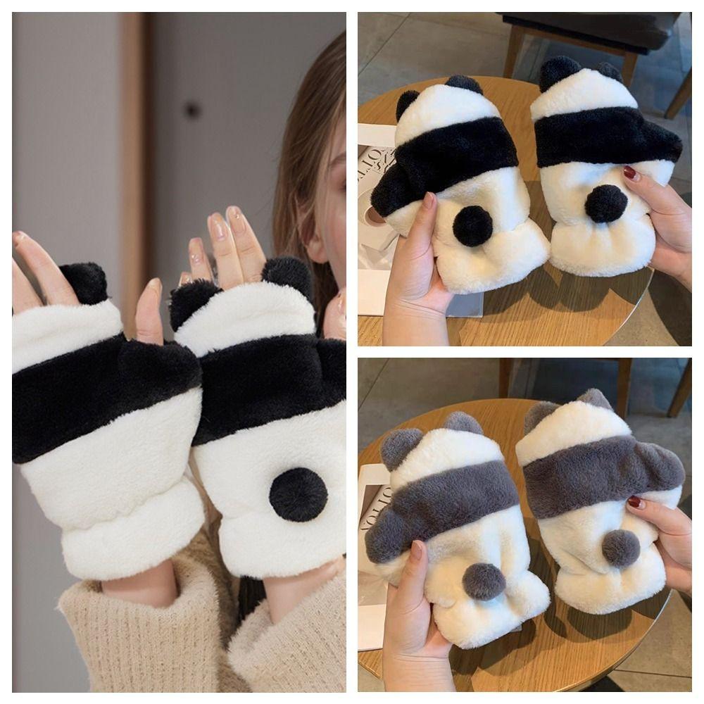 Half Finger Gloves Korean Style Winter Velvet Mittens Panda Plush Gloves Outdoor