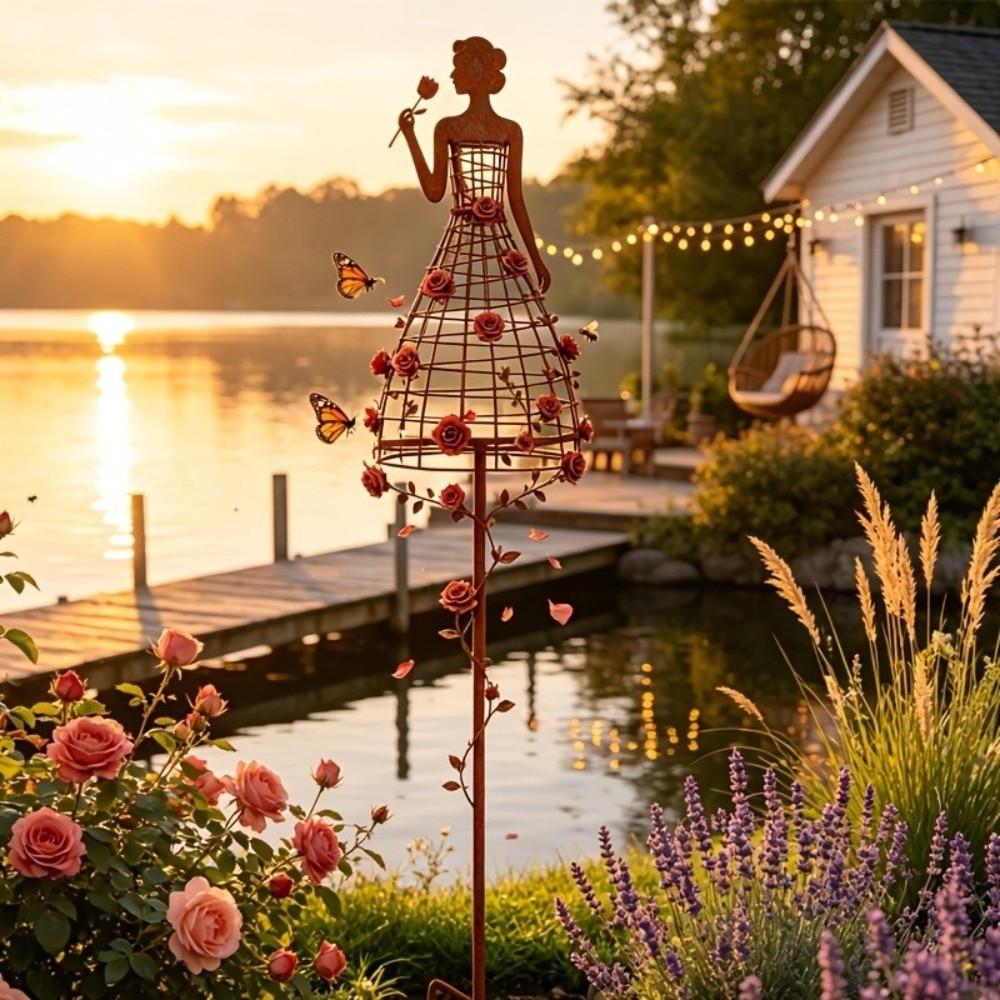 Rustic Metal Dress Lady Shape Plant Trellis Iron Art Flower Climbing Rack Balcony Garden