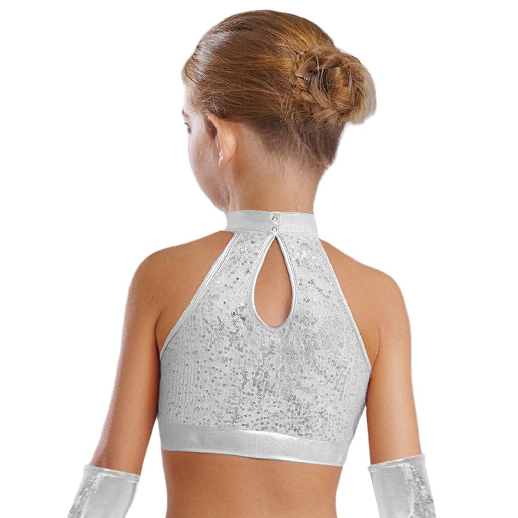Girls Sleeveless Mock Neck Dance Crop Top Glitter Sequin Patchwork Keyhole Back Design Performance Top