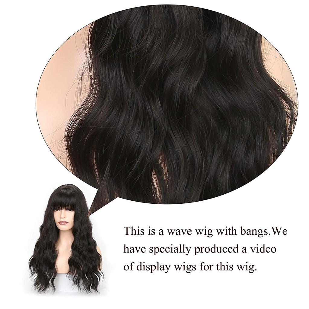 MERISIHAIR Black Wavy Wig for Women, Black Wig with Bangs Long, Heat Resistant Wig Black Bangs Wavy, Synthetic Wig With Bangs,