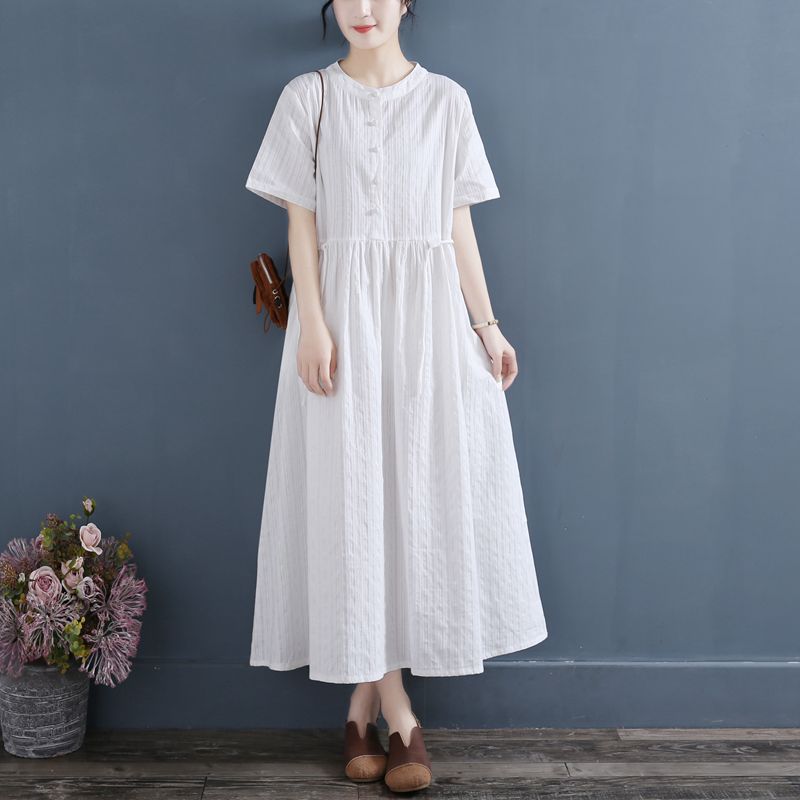 2025 лето новое ретро платье-веер с воротником-стойкой и короткими рукавами из хлопка и льна, женское свободное и тонкое однотонное платье средней и длинной длины