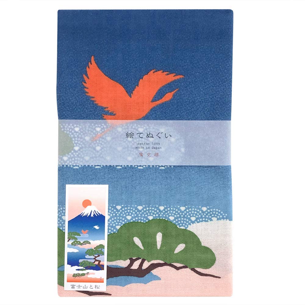 Hamamonyo Illustrated Tenugui Fuji and Pine Blue Towel, Mt. Trees,