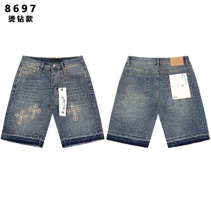 Mens Loose Fit Denim Shorts Ripped Distressed Wash Rhinestone Punk Style Casual Short Pants