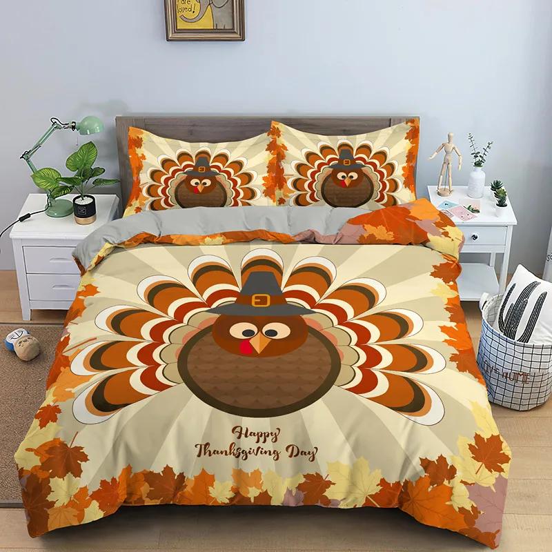 Autumn Thanksgiving Day Duvet Cover King Queen Cartoon Orange Pumpkin Turkey Bedding Set Maple Leaves Soft Polyester Quilt Cover