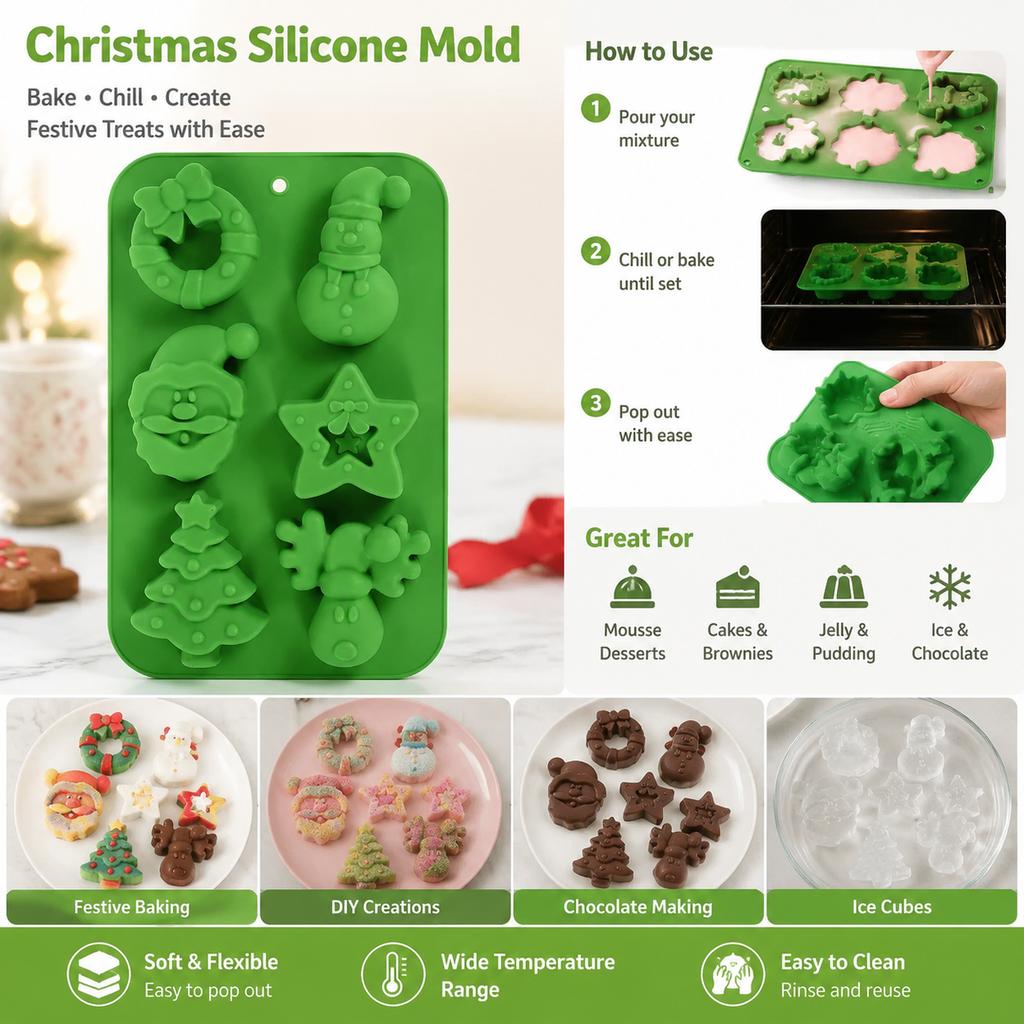 Silicone Mold Green Christmas 6-Cavity Santa Snowman Tree Star Wreath Reindeer for DIY Cakes Mousse Chocolate Holiday Baking