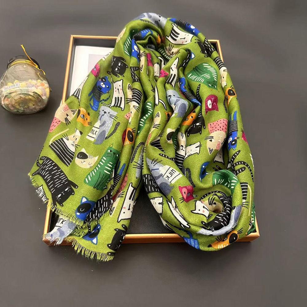 Lovely Animal Cartoon Cute Cat Pattern Fringe Viscose Scarf Lady Girls Print Soft Shawls And Wraps Pashmina Muslim Hijab Sjaal