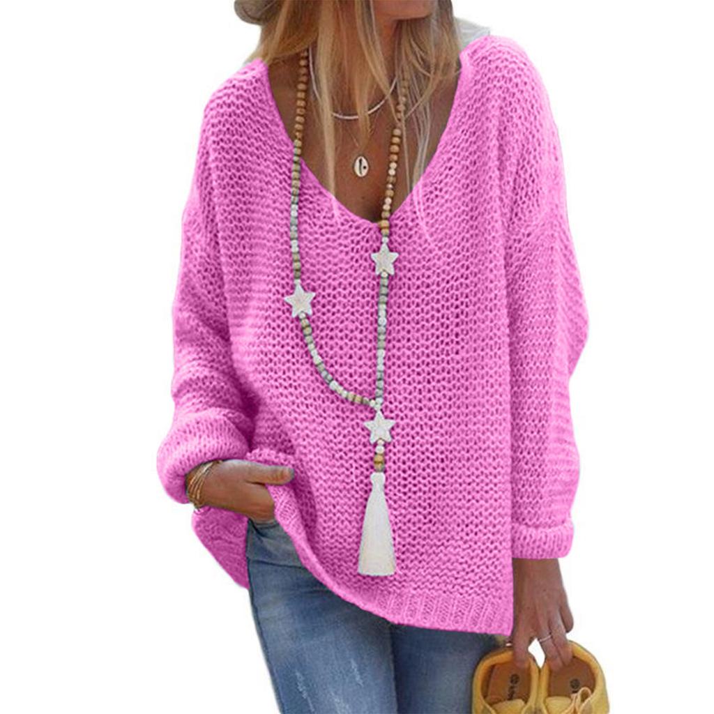 Women's  And Winter Loose Solid Color V-neck Long-Sleeved Knit
