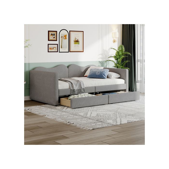 Lit d'enfant - MUVOE - 90x200 cm - Tiroirs de rangement - Tissu Teddy - 2 places