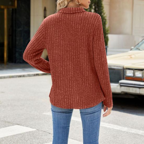 Женский свитер с V-образным вырезом и лацканами, нагрудный карман, длинный рукав, однотонный трикотажный топ в рубчик, повседневный