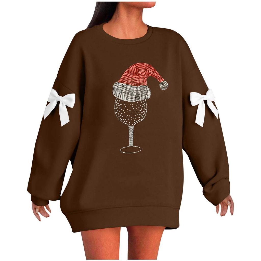 Ladies' Christmas Printed Bow Round Neck Long Sleeved Loose Pullover Sweater Sweatshirt Top