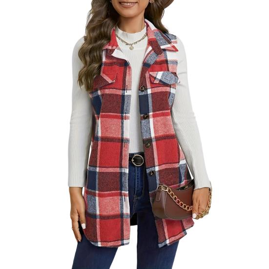 Женский жилет весна-осень с отложным воротником и клетчатым принтом, без рукавов, свободный однобортный жилет средней длины, пальто, верхняя одежда для школы и поездок на работу