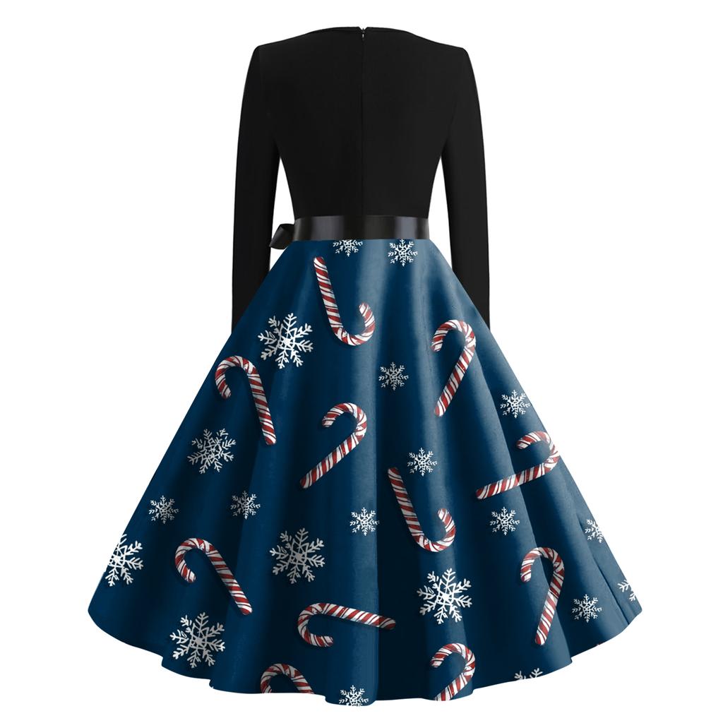 Женское модное ретро вечернее платье с длинным рукавом, квадратным вырезом и рождественским принтом