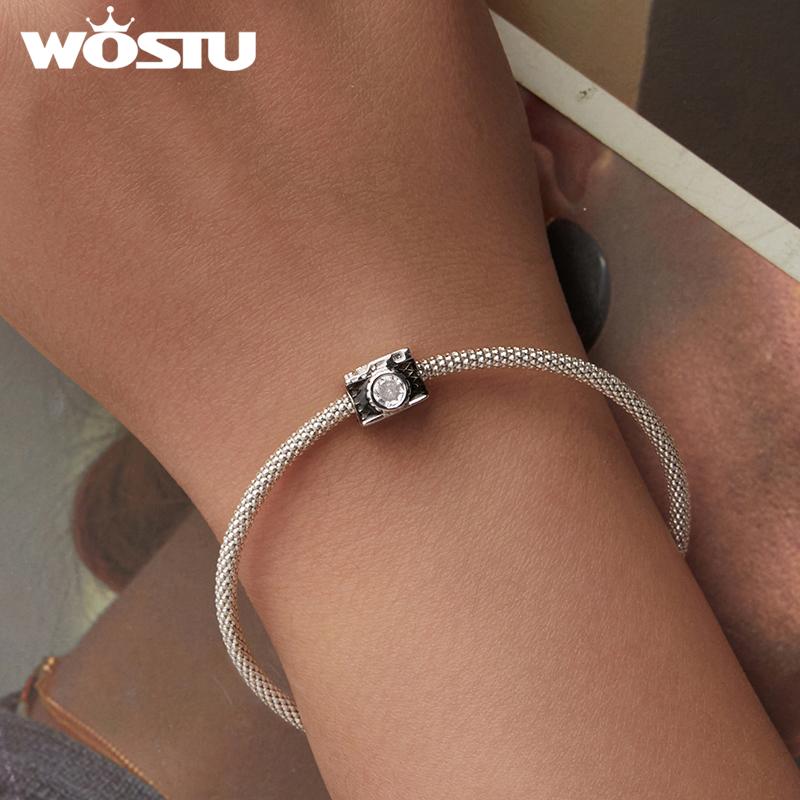 WOSTU 925 Sterling Silver Black Camera Charm Shiny Zircon Travel Beads Fit Original Bracelet DIY Jewelry Make Holiday gift
