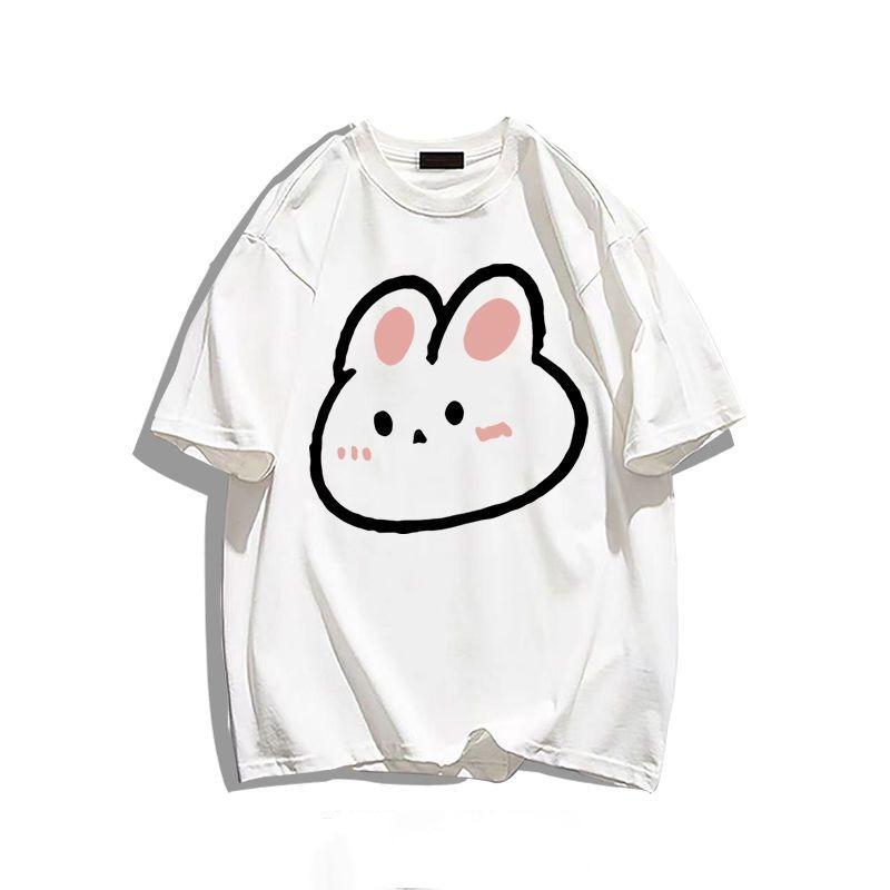 Cotton Cartoon Rabbit Print Short Sleeve T Shirt Loose Fit Unisex Summer