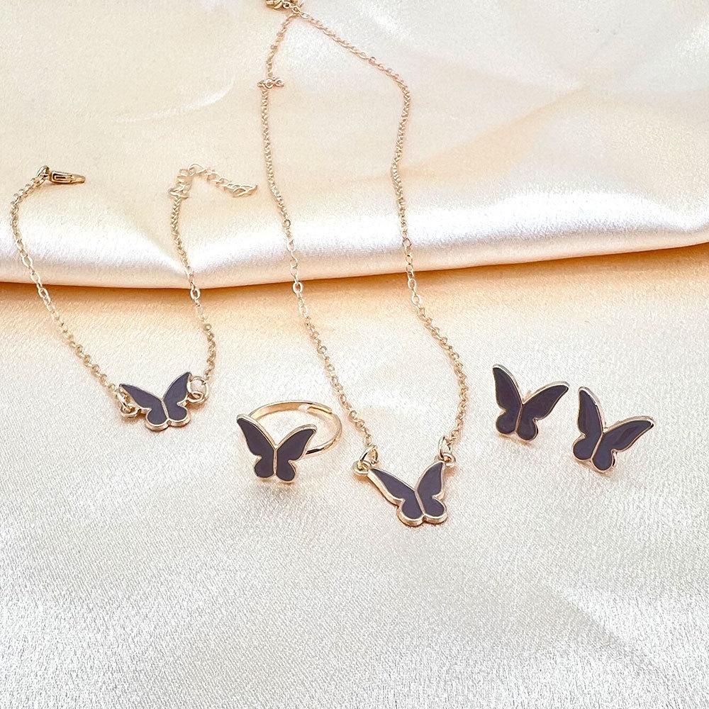 New Personalized Butterfly Glazed Bracelet Ring Necklace Earring, Exquisite Small and Fashionableand High Sense Collar Chain Set