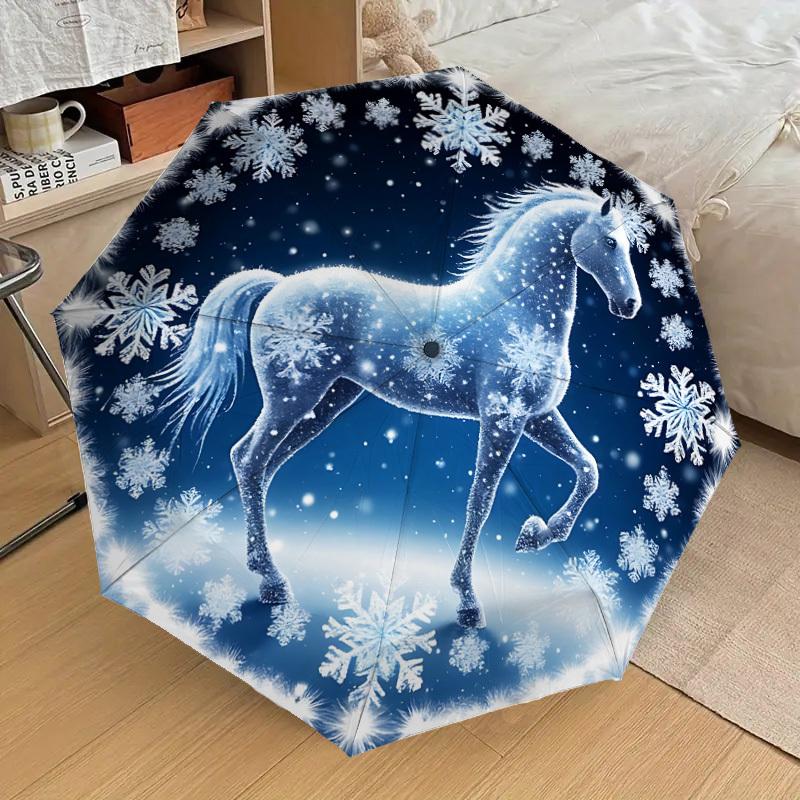 1PC Winter Horse Snowflake Automatic 8-Bone Folding Umbrella - Durable Polyester & Iron Frame,Userfriendly Operation y250929131