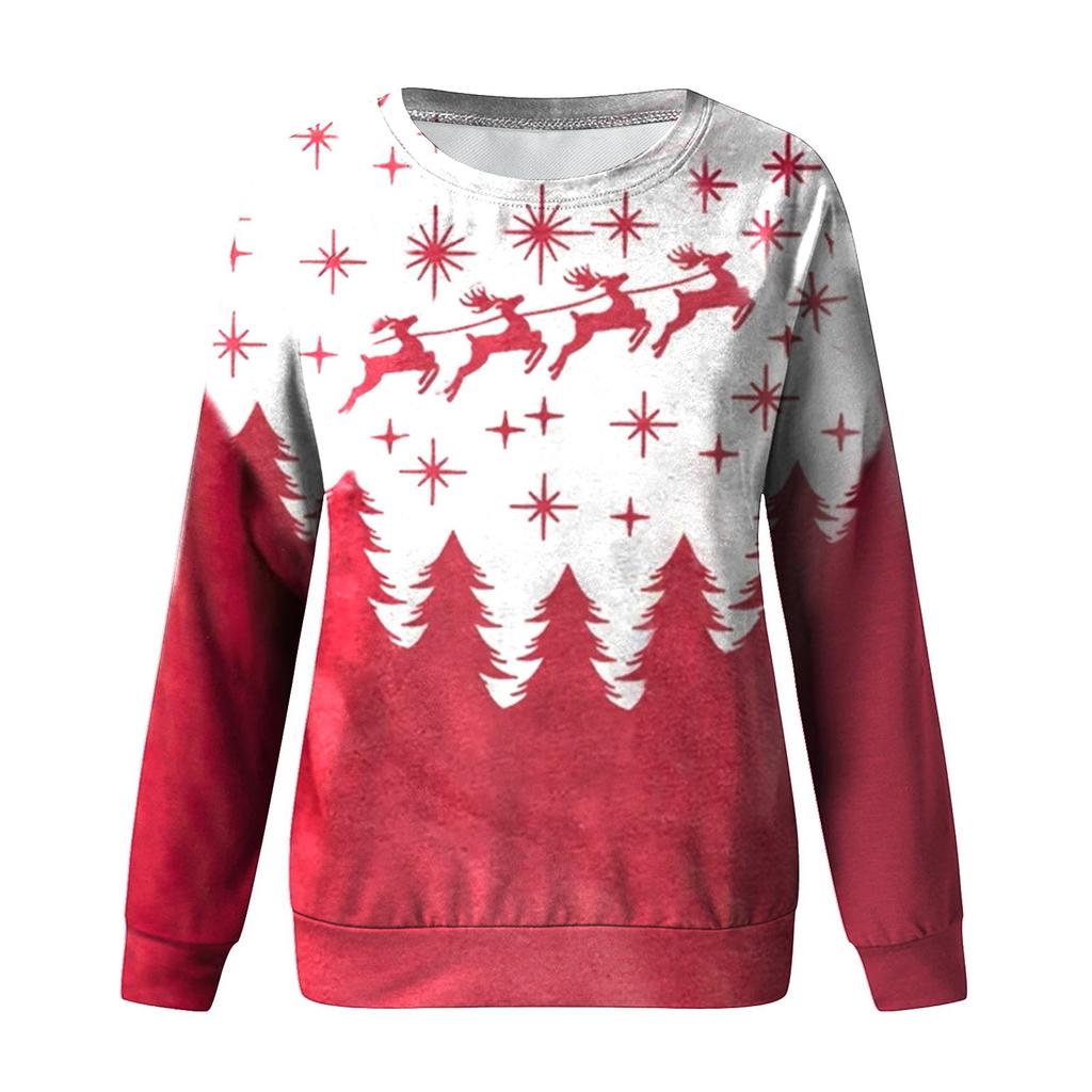 Women's Casual Fashion Christmas Print Long Sleeve O-Neck Pullover Top