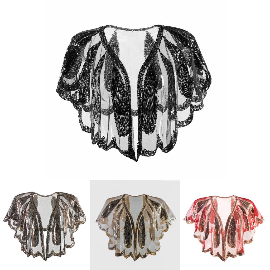 Vintage 1920s Women's Shawl Beaded Sequin Evening Cape Bolero Flapper Cover Up For Party And Wedding