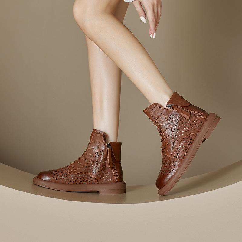 Hollow Martin boots leather short boots fashion retro style women's boots side zipper low tube women's shoes