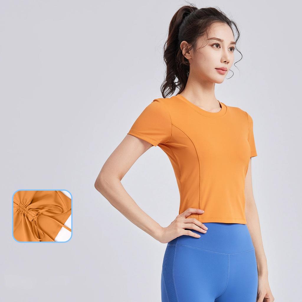 New Style Drawstring Beautiful Back Pleated Yoga Wear Short Sleeved Female All-in-one Cup Fitness Sports Top with Chest Pad for Women