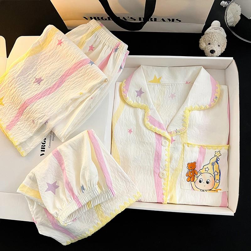 Girls Pajama Set 3pcs Short Sleeve Cartoon Cotton Sleepwear Teens 8 Years Lightweight Comfortable
